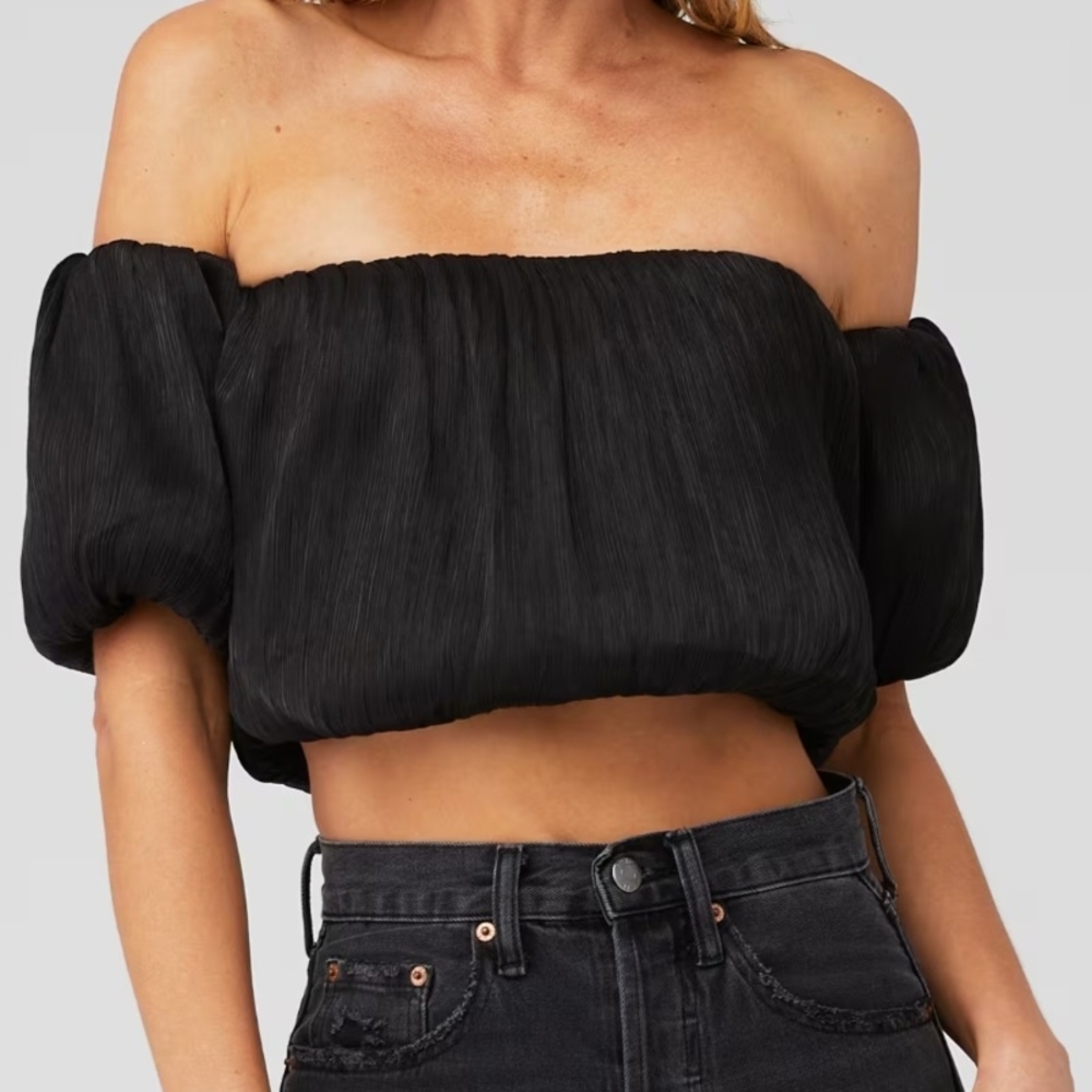 Line & Dot Audrey Off Shoulder Black Crop Blouse